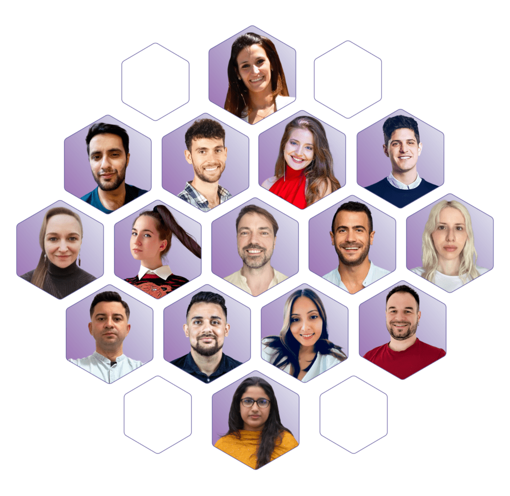 Hexagonal collage featuring the diverse and talented team members of Admiral Media, showcasing a mix of smiling individuals in a professional yet approachable style.