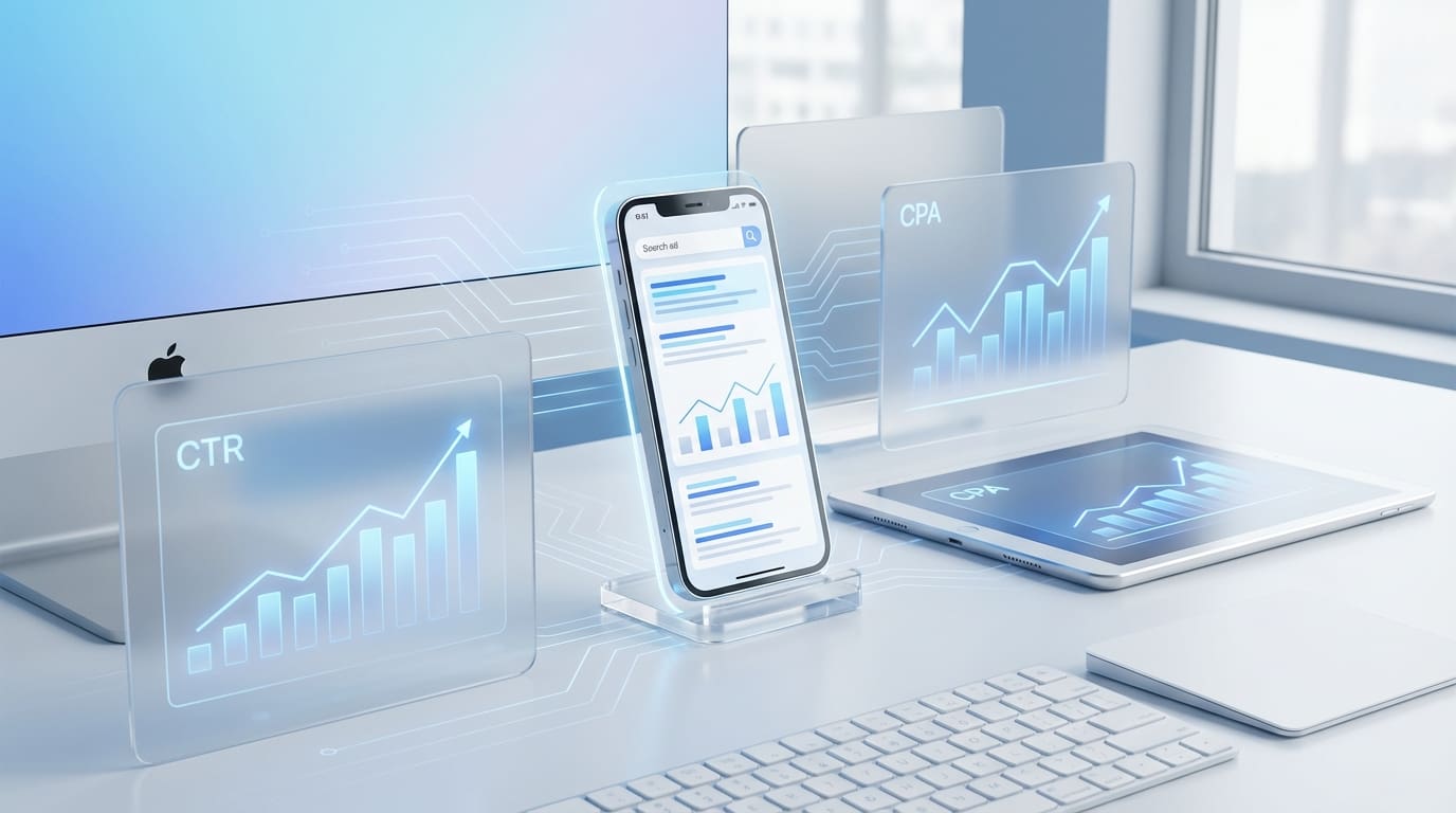 Apple Search Ads benchmarks dashboard showing CTR and CPA metrics on iPhone Mac and iPad