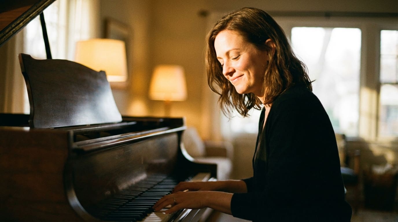 Cinematic woman at piano in golden light, nostalgic and emotional