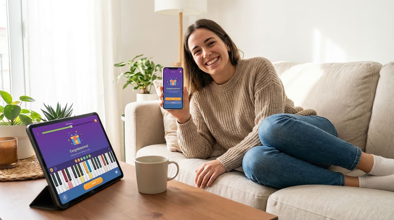 Person using Flowkey piano learning app on tablet, UGC style