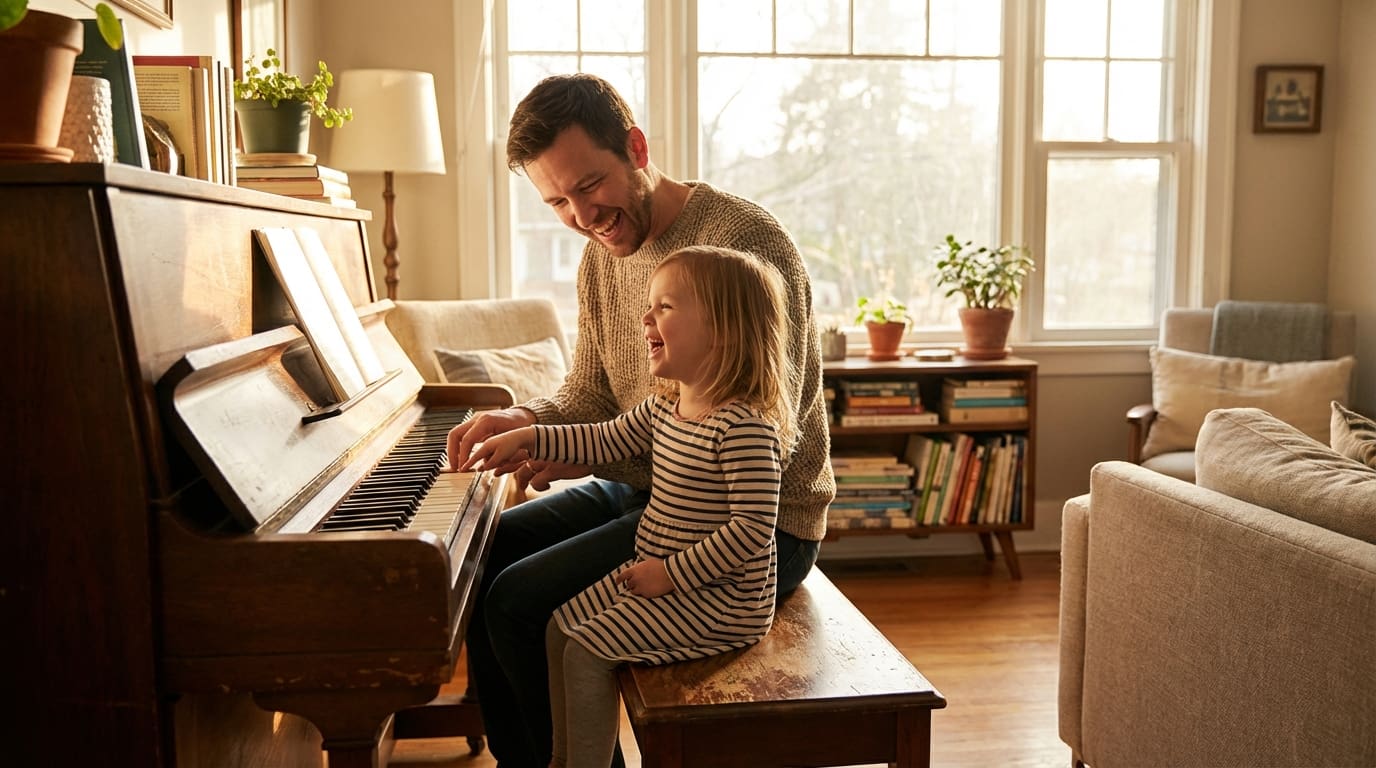 Father and daughter learning piano together, warm family moment