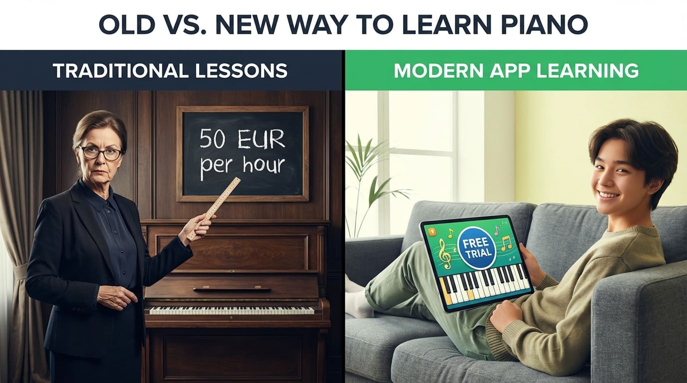 Price comparison showing piano lessons vs Flowkey subscription