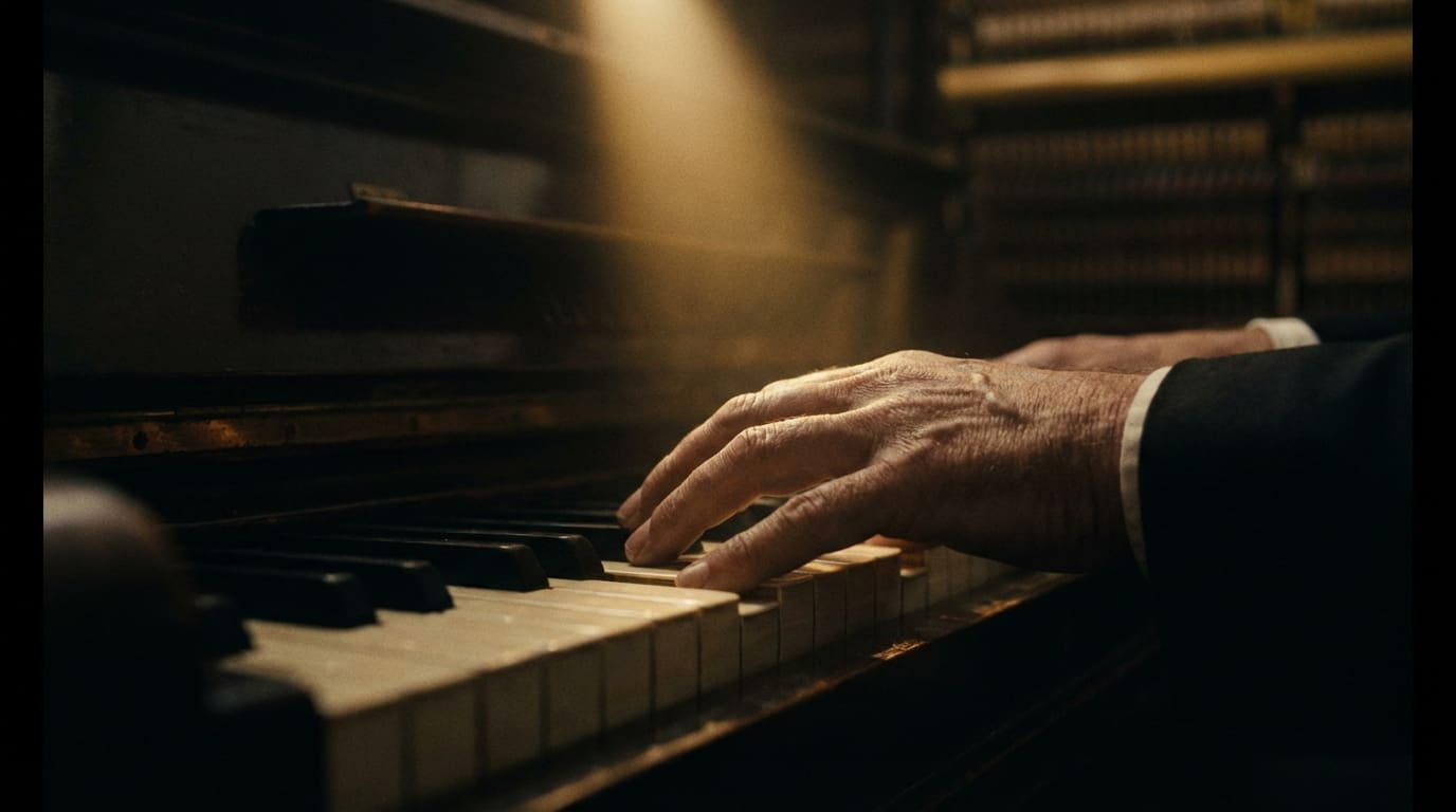 Cinematic macro shot of pianist hands on grand piano keys