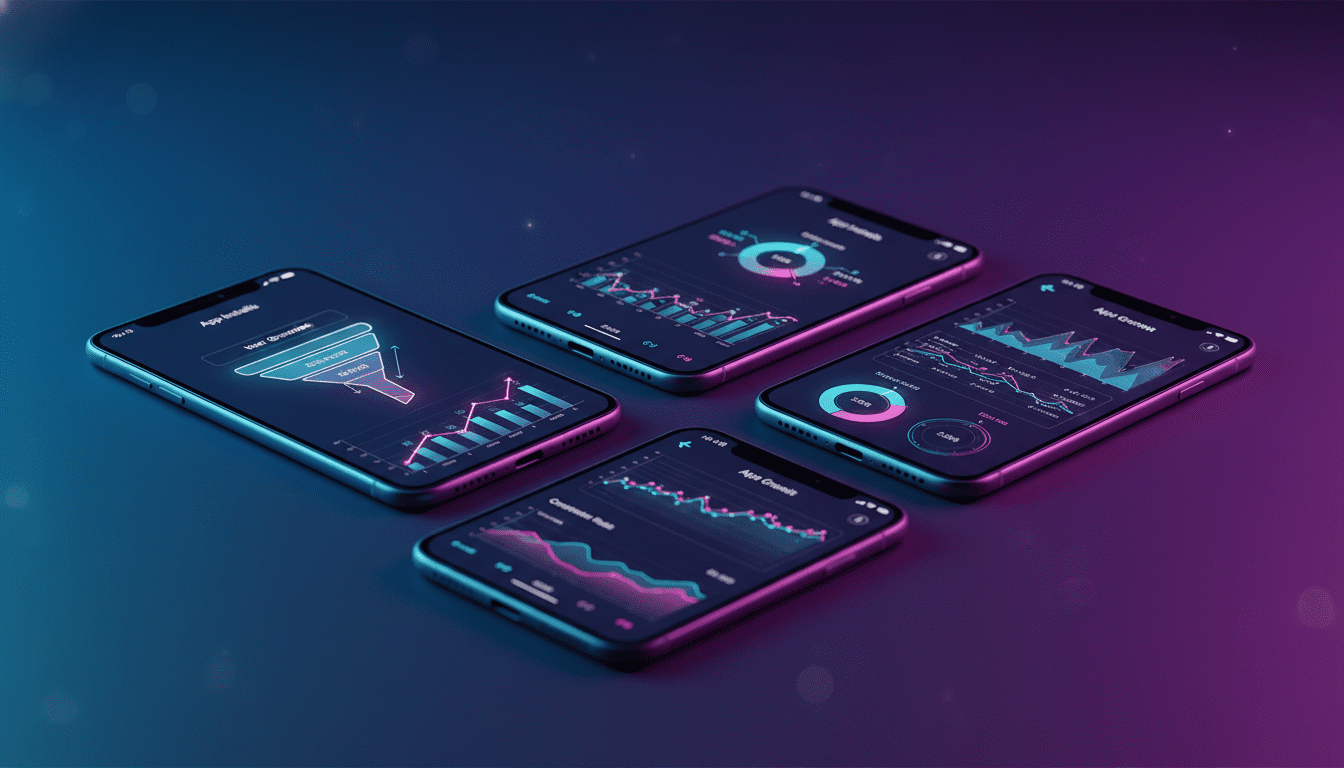 Mobile app user acquisition strategy dashboard showing analytics on multiple smartphones