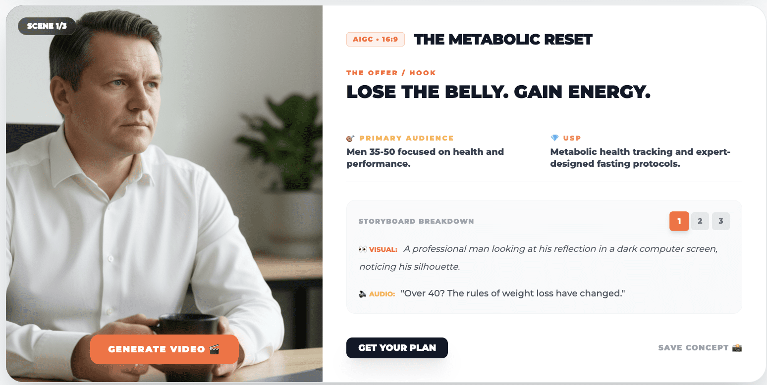 The Metabolic Reset, AI-generated storyboard concept for mens health ads by Admiral Media Ideation Engine