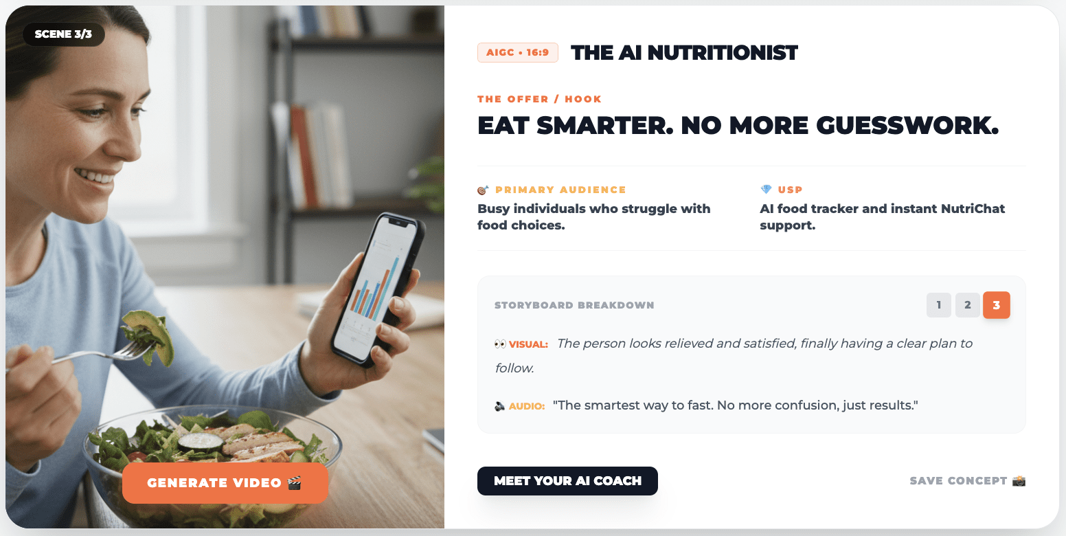 Eat Smarter AI Nutritionist, AI-generated storyboard concept for nutrition ads by Admiral Media Ideation Engine