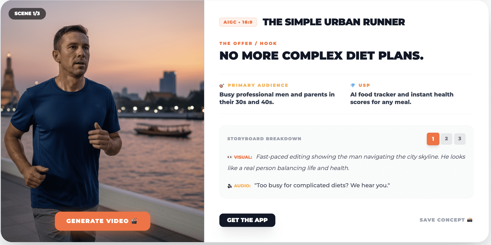 Clean Living wellness storyboard, AI-generated ad concept for health and wellness brands by Admiral Media Ideation Engine