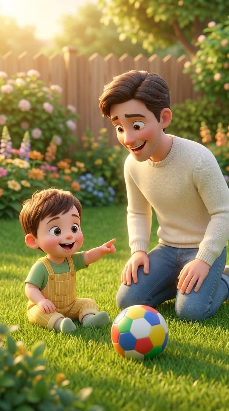 3D animated father and child in garden - AI family character