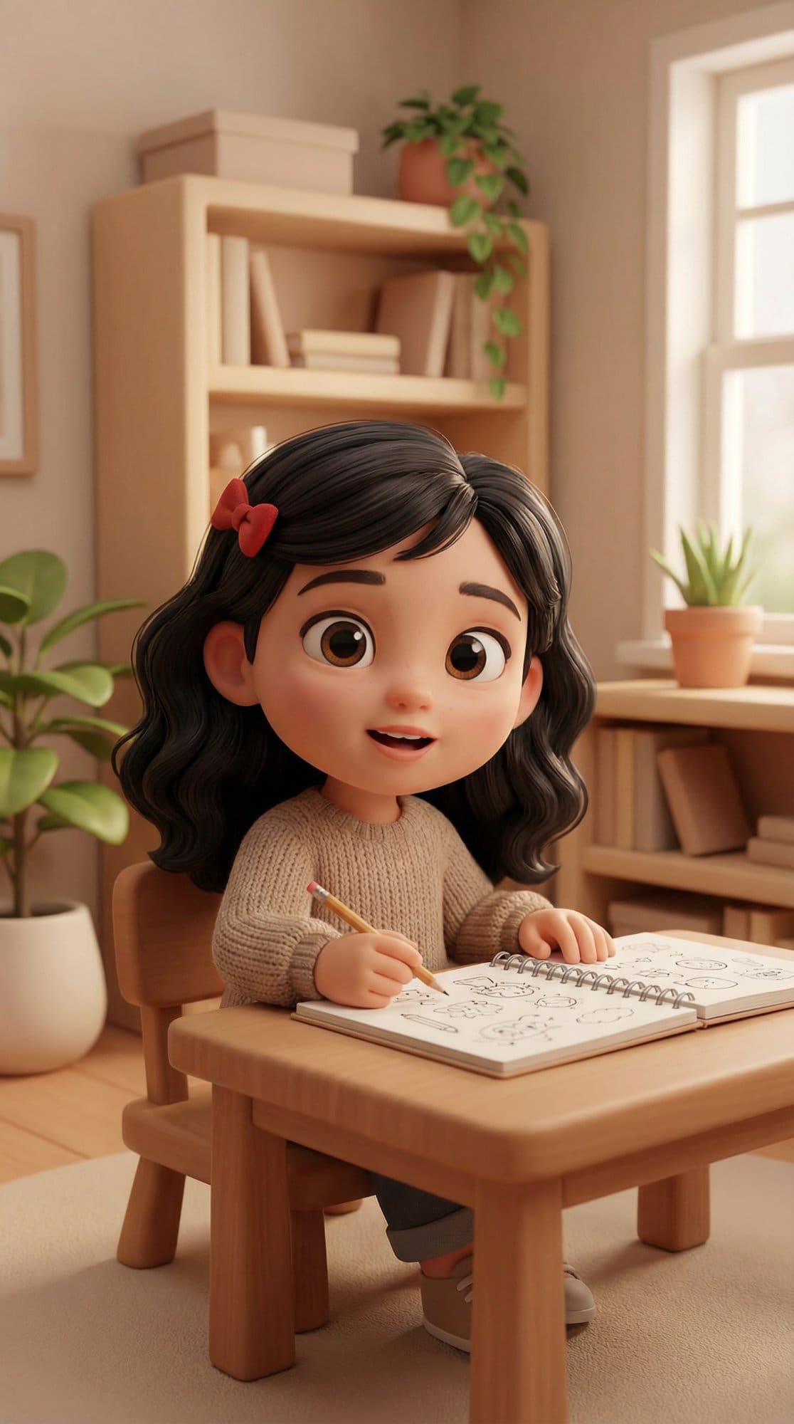 3D animated girl drawing at desk - AI education character