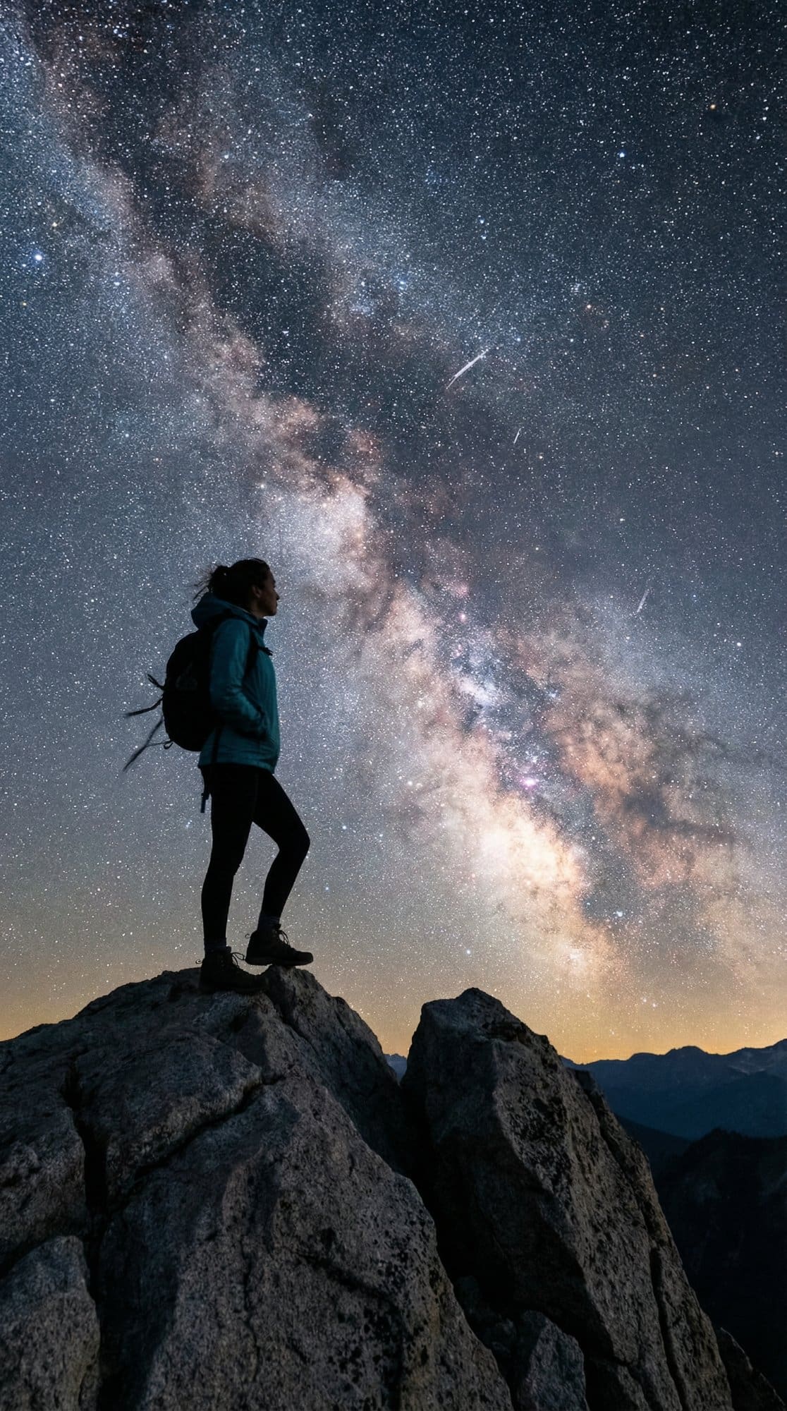 Hiker under Milky Way on mountain peak - AI cinematic landscape