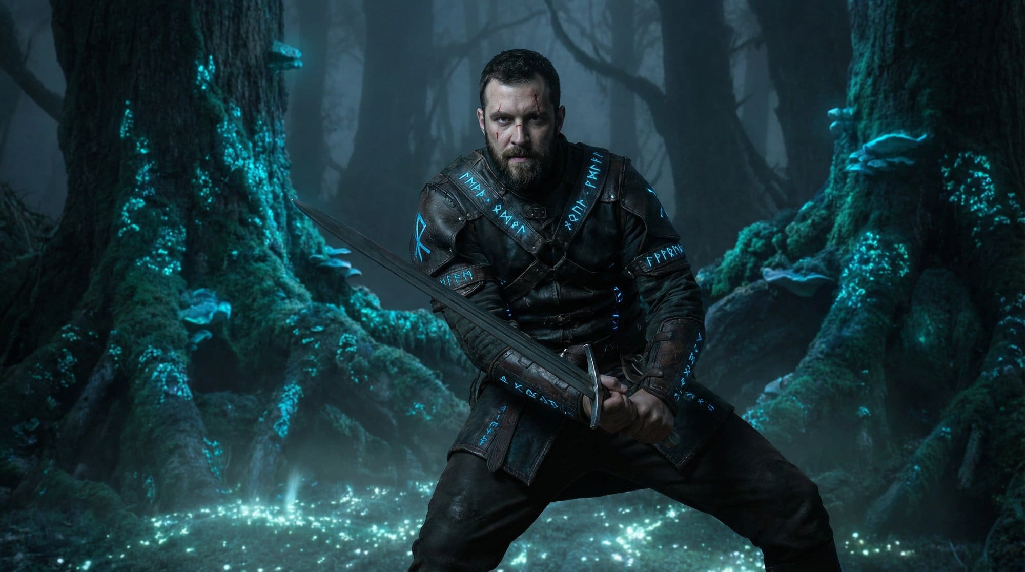 Fantasy warrior with glowing rune sword - AI cinematic character