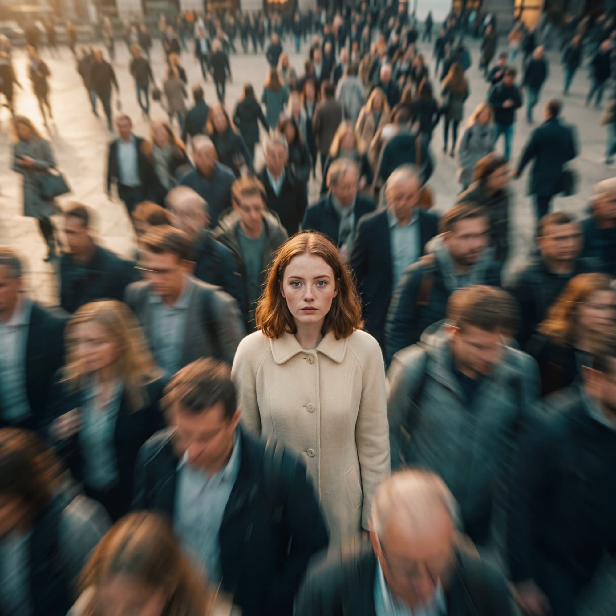 Woman standing still in busy crowd - AI cinematic lifestyle