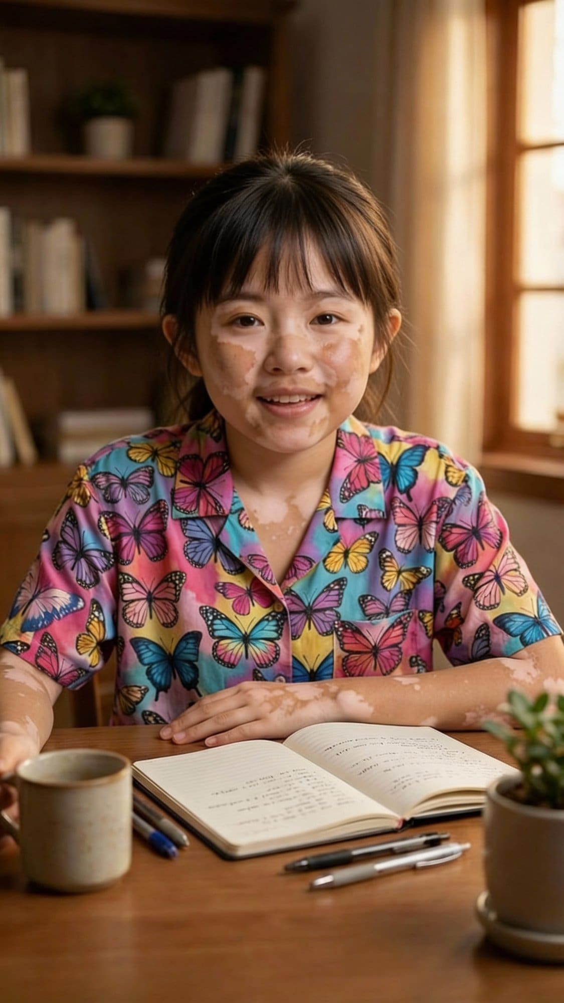 Young girl with vitiligo smiling - inclusive AI character