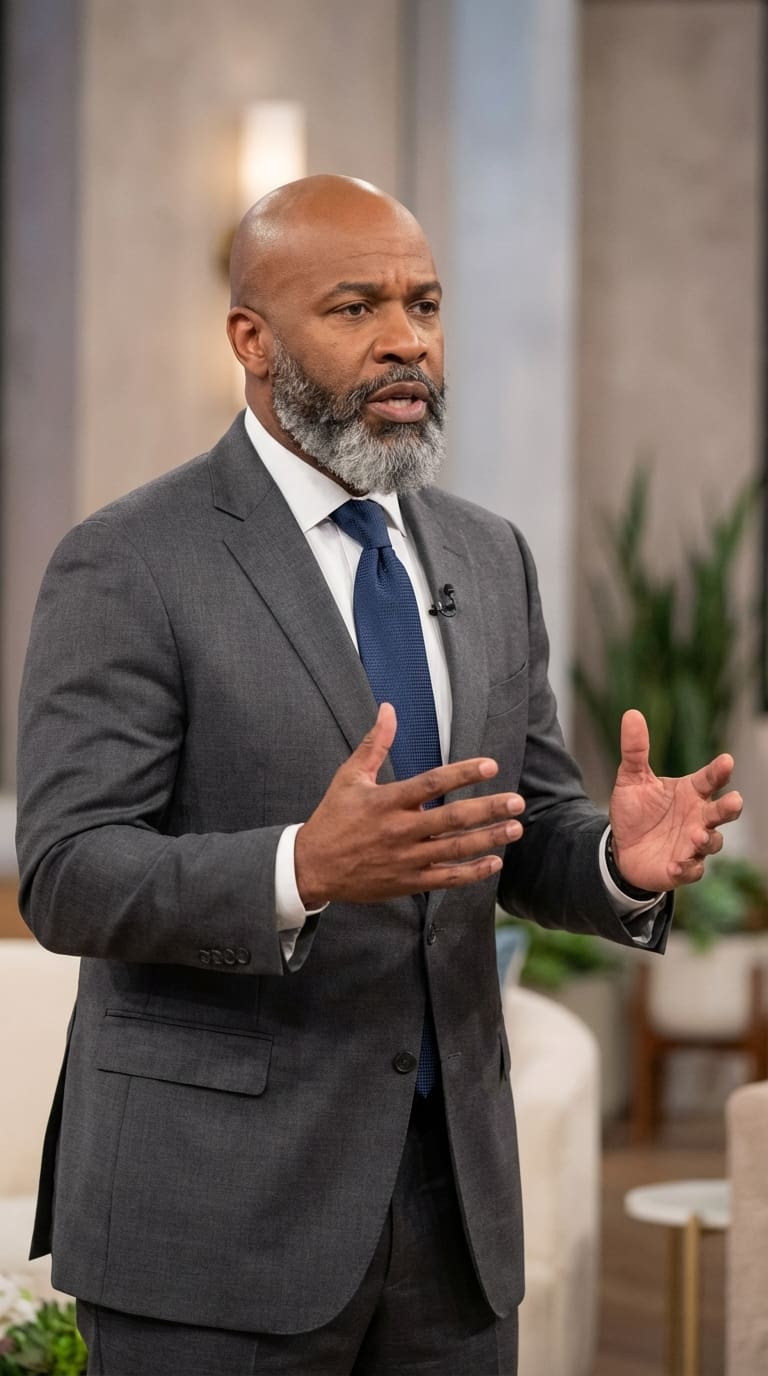 Professional man speaking on TV set - AI corporate character