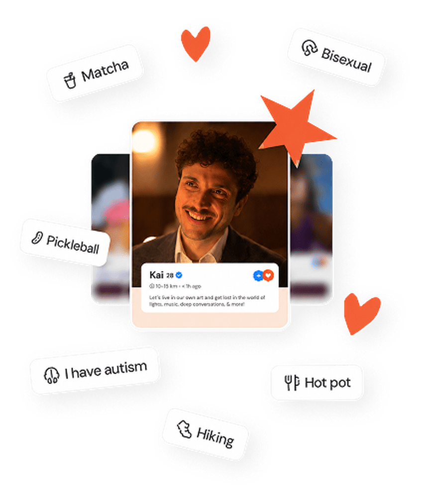 Breeze app profile card for Kai surrounded by interest tags like Matcha, Hot pot, Pickleball and Hiking, with heart and star decorations