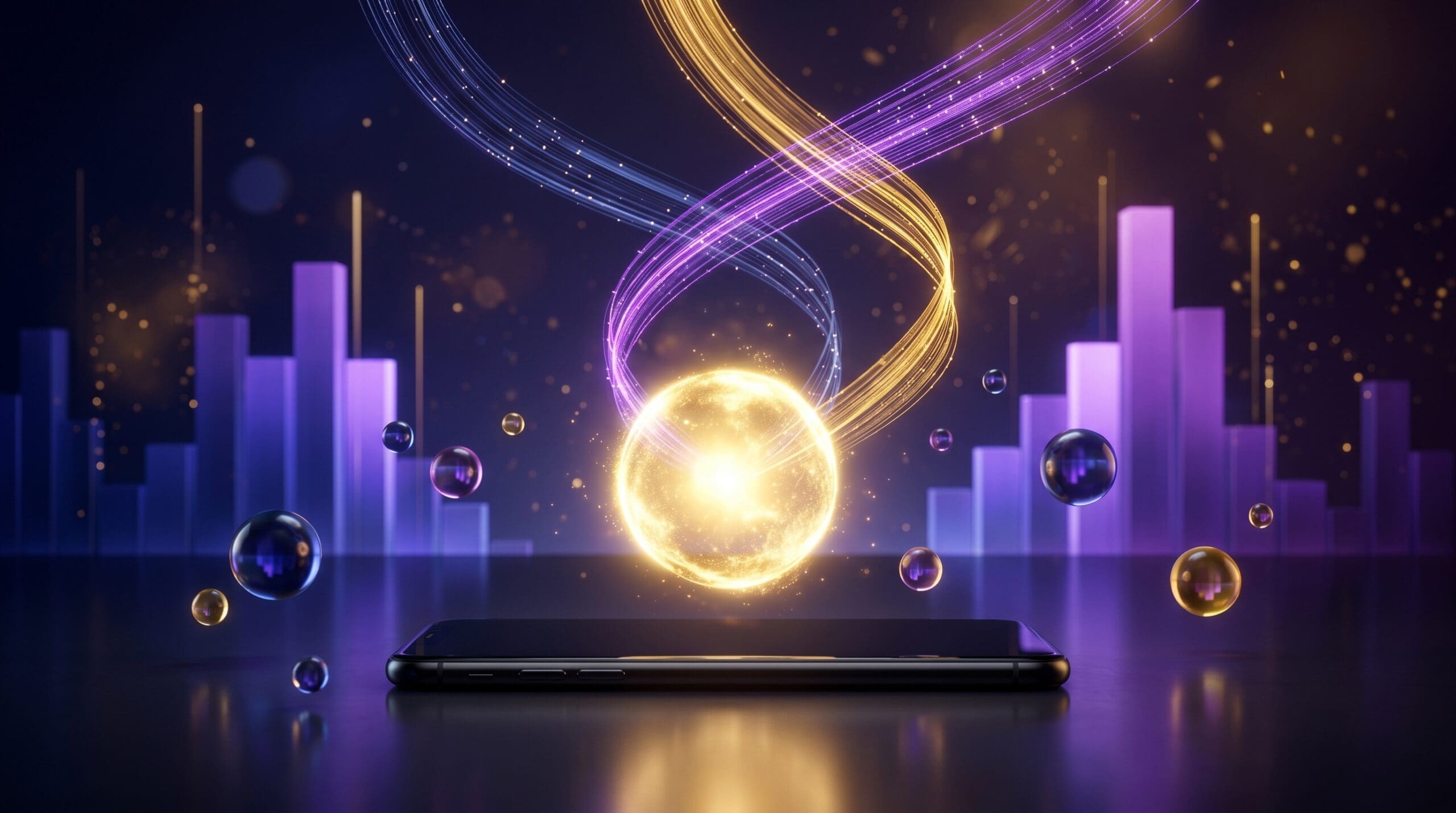 Three glowing data streams converging into a single golden sphere above a smartphone, representing marketing mix modeling measurement triangulation for mobile apps
